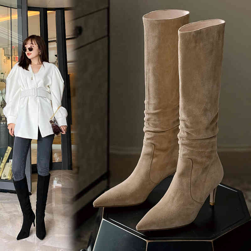 

boots women knee-boots high leather shoes 22-25cmcow superior suede long pointed to europe and america 0es7, Black