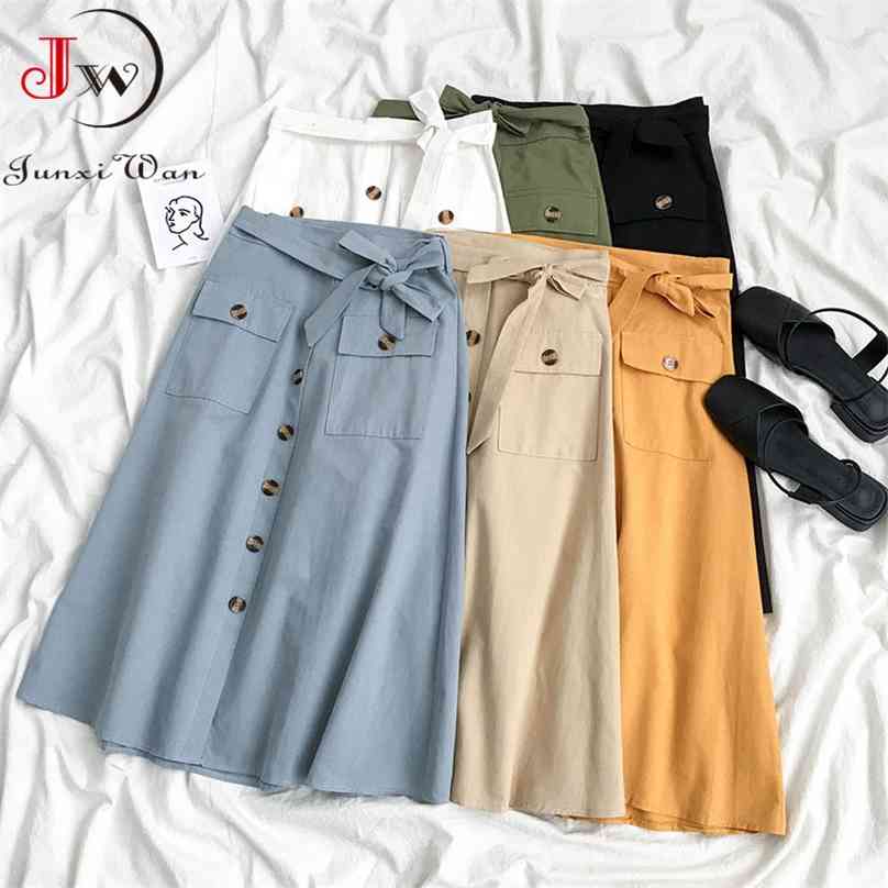 

Women Elegant High Waist Midi Skirt Spring And Summer Casual Single-Breasted Solid Black White Bowknot Belt Office A-Line 210629, Dark yellow-skirt