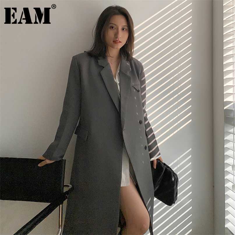 

[EAM] Women Pockets Gray Long Big Size Blazer Notched Sleeve Loose Fit Jacket Fashion Spring Autumn 1DD5532 211019