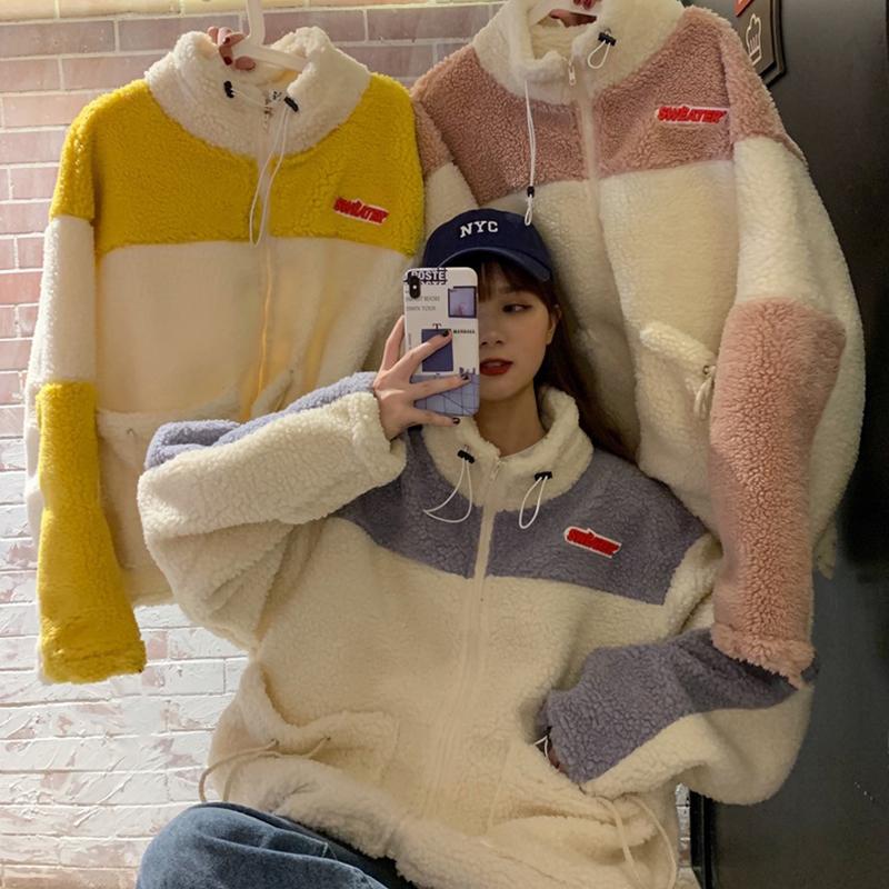 

Women's Hoodies & Sweatshirts Women Thick Fleece Zip-up Patchwork Cute Autumn Winter Girls Loose Coat, Black