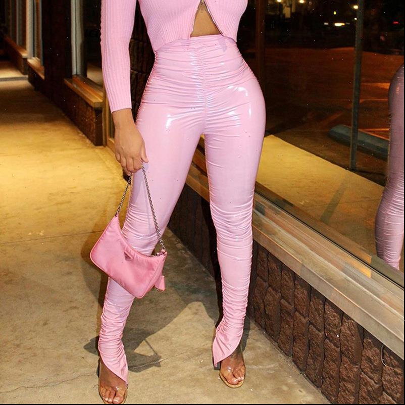 

pink pu leather womens jean high waist pants bodycon club trousers skinny pleated stacked split pencil winter, Blue