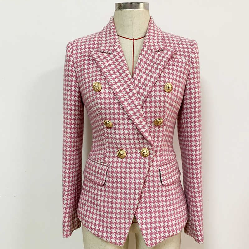 

HIGH QUALITY est Fashion Designer Jacket Women's Double Breasted Lion Buttons Wool Tweed Houndstooth Blazer 210526, Beige