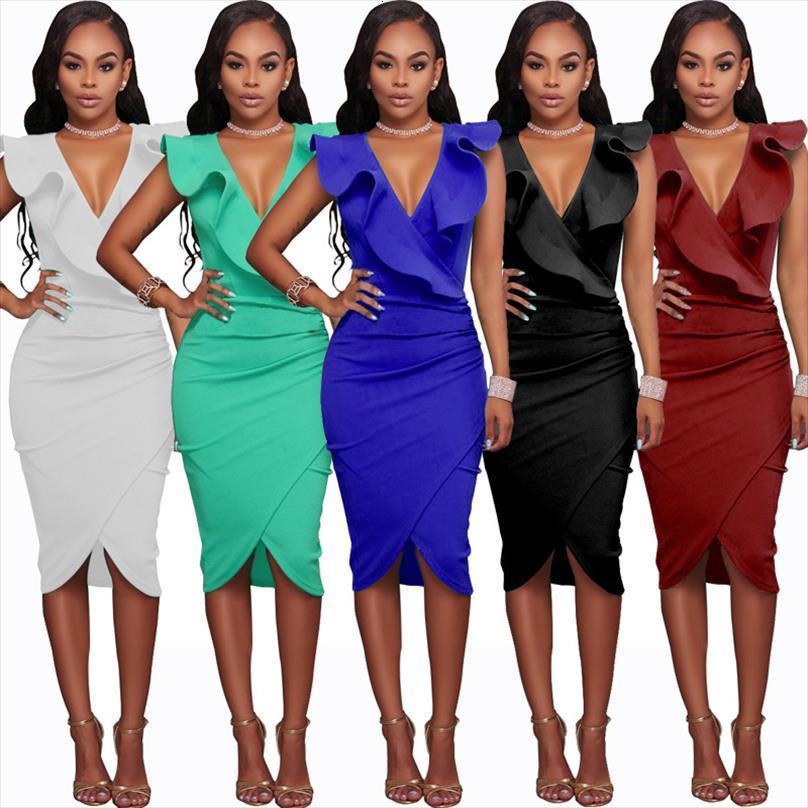 

v neck ruffle pencil women dresses office summer sleeveless irregular patchwork vestidos s xl robe, Black;gray