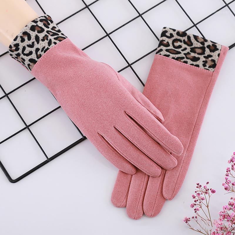 

Five Fingers Gloves Female Women's Leopard Print With Fleece T-ouch Screen For Index Finger Mittens Winter