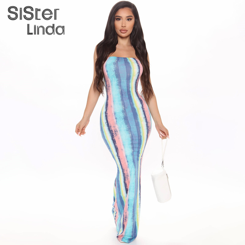

2021tie dye skinny strapless maxi dresses for women casual street sleeveless tube clubwear party birthday dress summer clothes, Black;gray