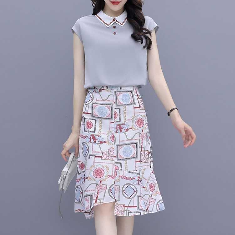 

Women' Two Piece Set Summer Office OL Casual Chiffon Doll Collar Short Sleeve Shirt Top + High Waist Print Midi Skirt Suit 210526, Photo color