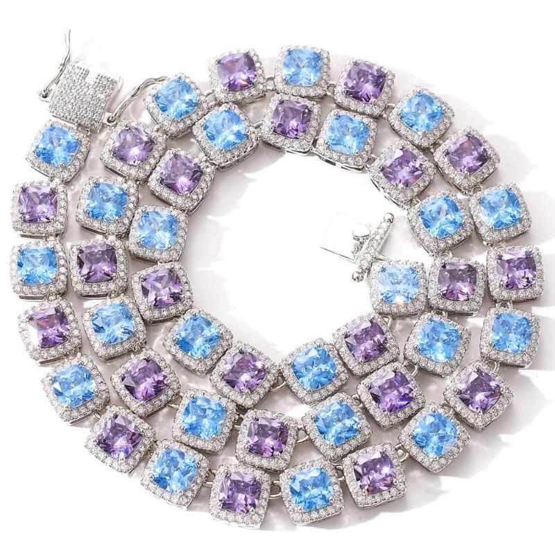 

Chains Hip Hop Paved 1 Row Blue Purple White Cubic Zircon Bling Iced Out Tennis Chain Necklaces For Men High Quality Rapper Jewelry, Silver