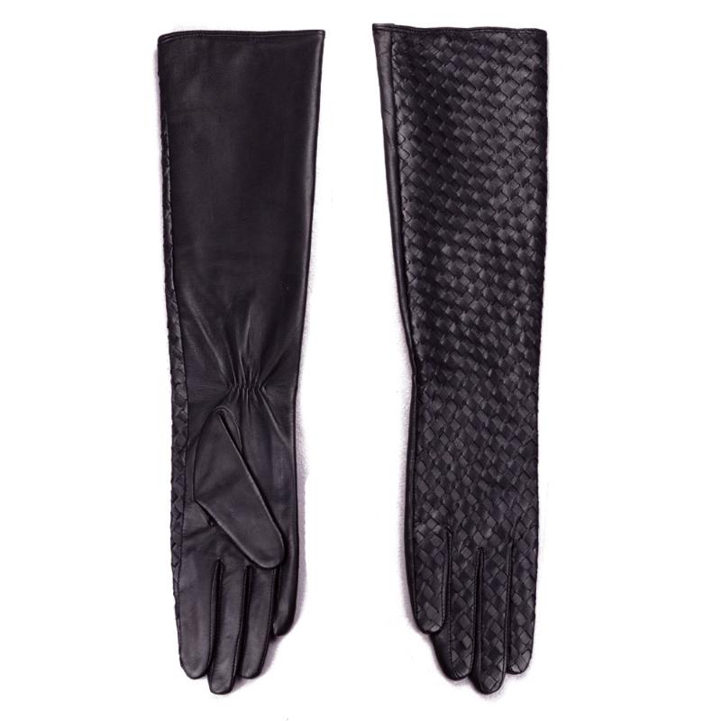 

Five Fingers Gloves Women's Ladies Genuine Leather Woven Design Lambskin Black Party Evening Long