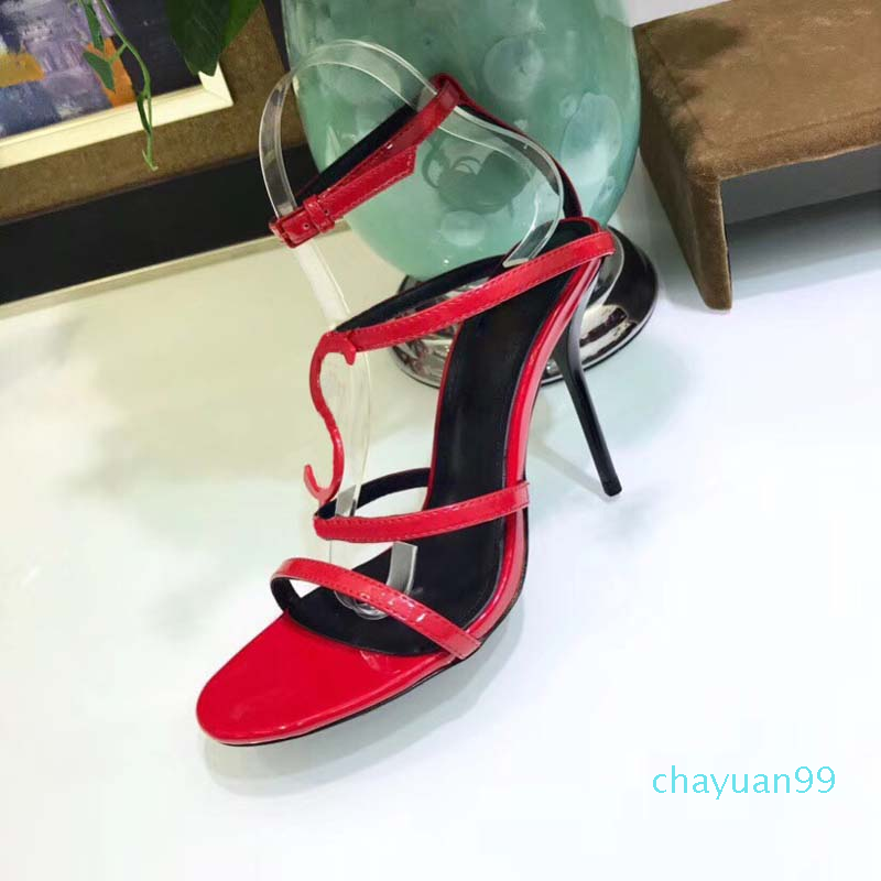 

2021 Custom made Top quality suede inside luxury designer metal strip Black Patent Leather Thrill Heel Pumps Women Tribute Leather Sandals., Red