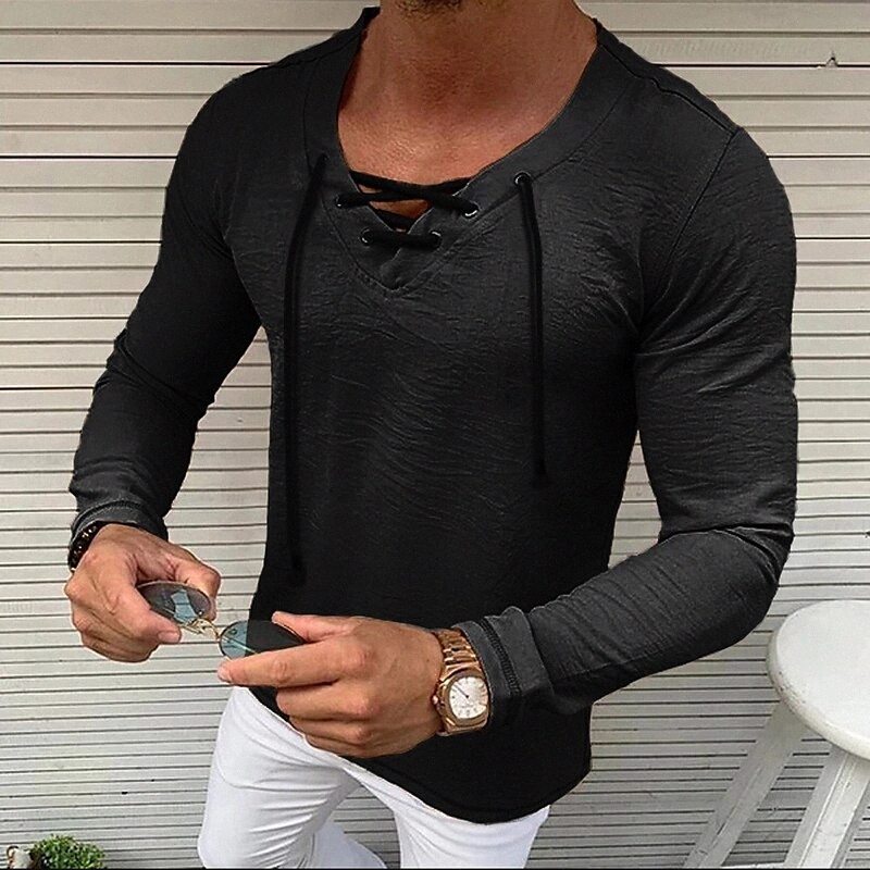 Men's Shirt Solid Colored V Neck Casual Daily Drawstring Long Sleeve Tops Cotton Casual Fashion Breathable Comfortable White Black Gray x6So#