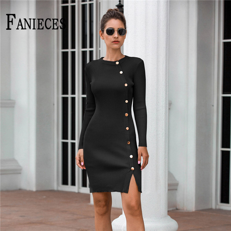

Autumn Winter Women Button Long Seeve Split knitted Mini Pencil Dress Office Lday Female Elegant Party Sweater Dresses Vestidos 210520, White
