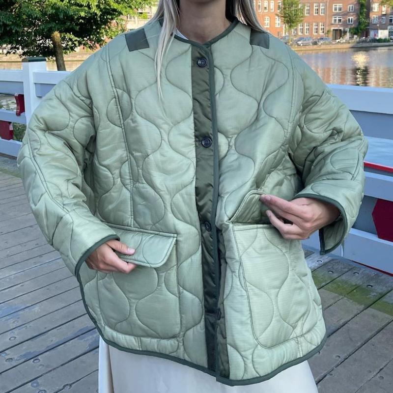 

Women' Down & Parkas Winter Quilted Women Casual Loose Pocket Long Sleeve Jacket Solid Streetwear Fashion Warm Single Breasted Padded Coat, Army green