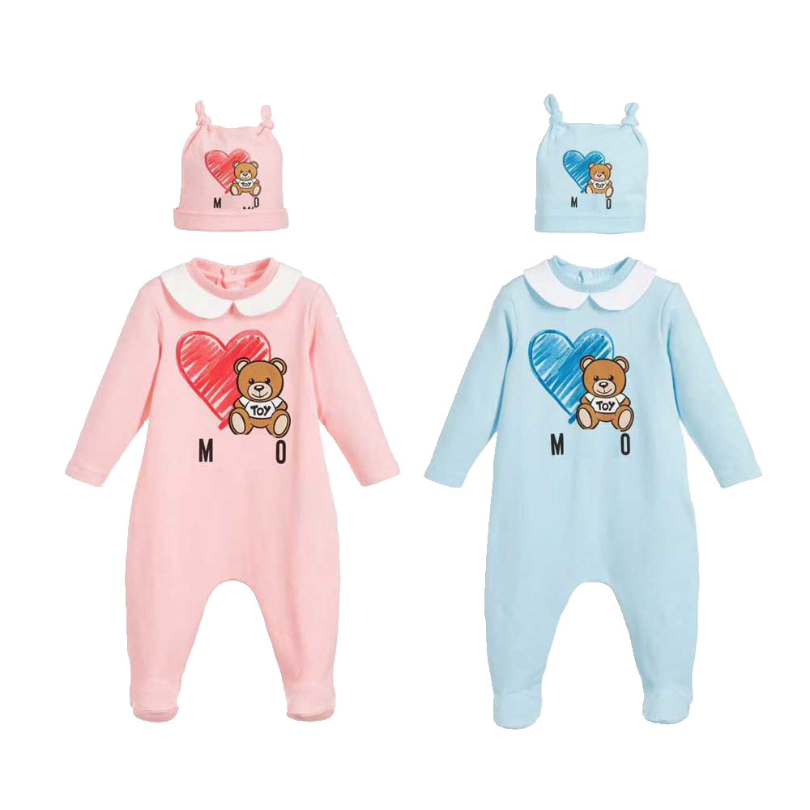 

New Arrival Fashion  Baby Girl Clothes Long Sleeve Cotton Cute Cartoon Bear  Baby Boy Romper and Hat Bibs Sets, Pink