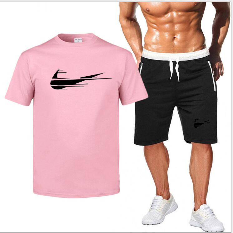 

2021 Summer Two Piece Set Men Short Sleeve 100% Cotton Tracksuits T Shirt Top+Shorts Suit Mens Sportwear Shorts Sets Outwear 2XL, Gray