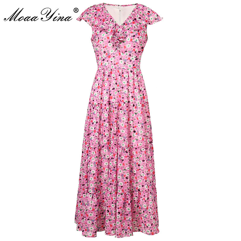 

Fashion Designer Summer Women' Sweet Pink Floral print Dress V-neck Ruffles Slim Ladies Vacation Chiffon Midi Dresses 210524