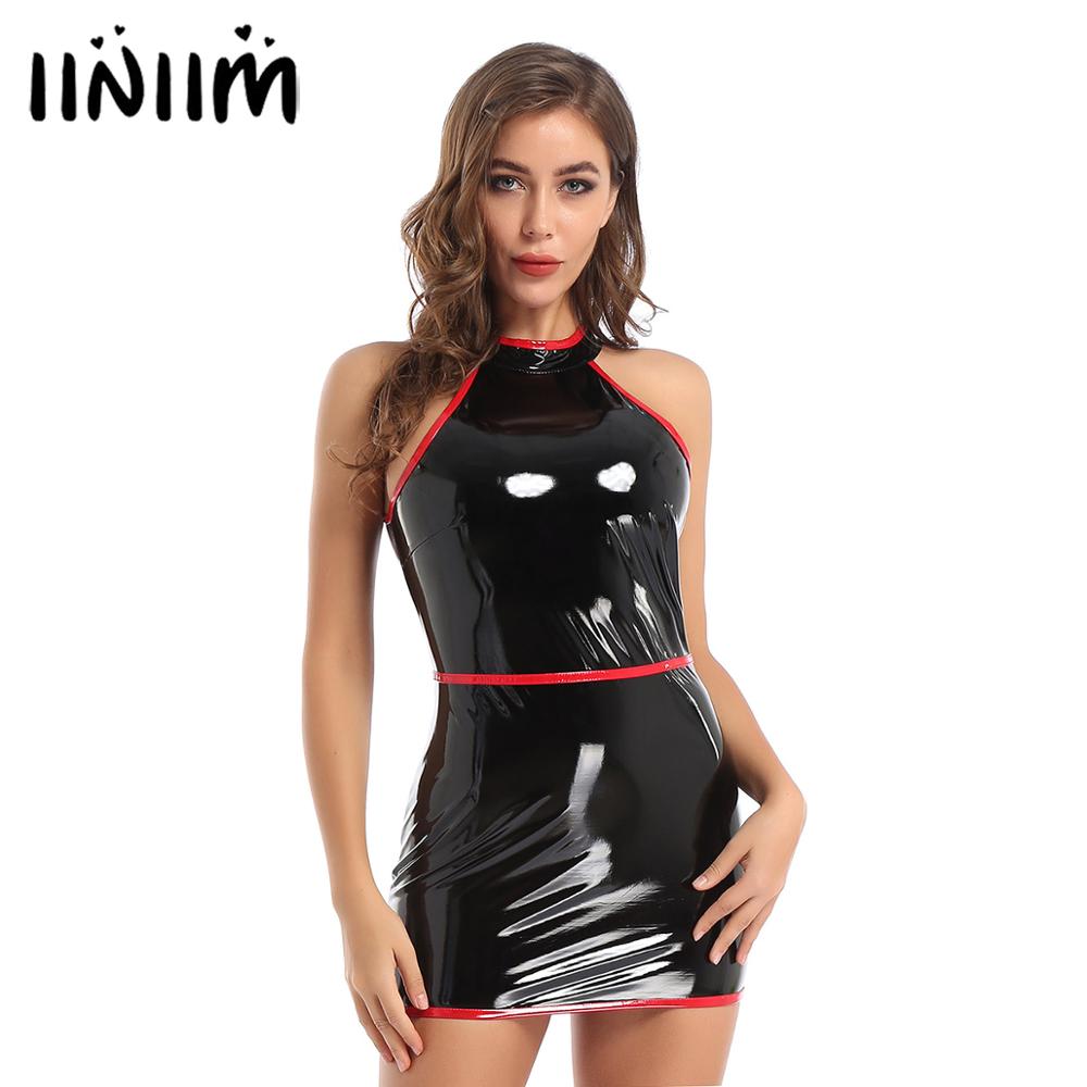 

Womens Fashion Wetlook Cocktail Parties Clubwear Patent Leather Sleeveless Slim Fit Bodycon Dress for Pole Dance Party Dresses, Black