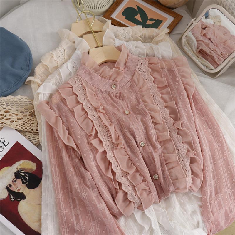 

Women's Blouses & Shirts 2021 Spring Women Pearl Lace Blouse All-match Sweety Girl Chiffon Shirt Summer Lantern Sleeve Blousas Bottomings Ou, Pink
