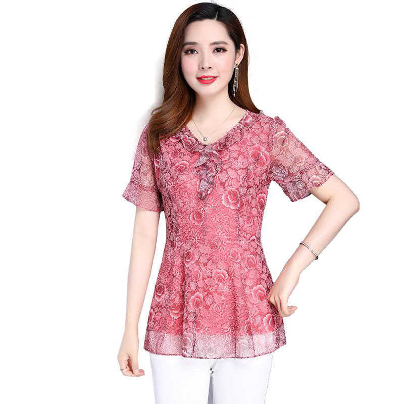 

Women Spring Summer Style Chiffon Blouses Shirts Lady Casual Short Flare Sleeve Flower Printed Blusas Tops DF2968 210609, Pink