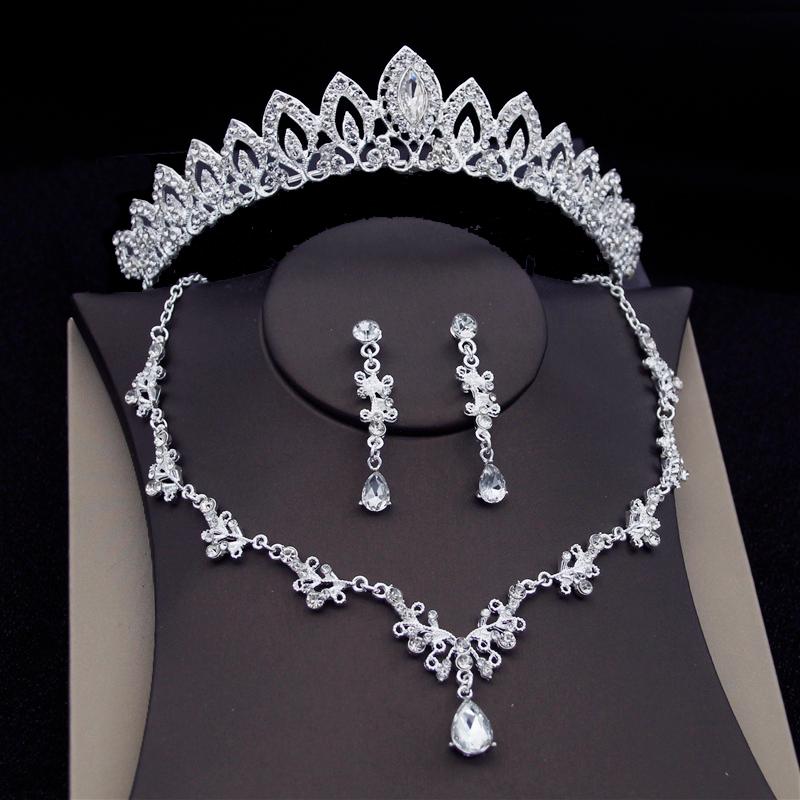 

Earrings & Necklace Gorgeous Silver Color Crystal Bridal Jewelry Sets Fashion Tiaras Crown Choker Women Wedding Dress Set