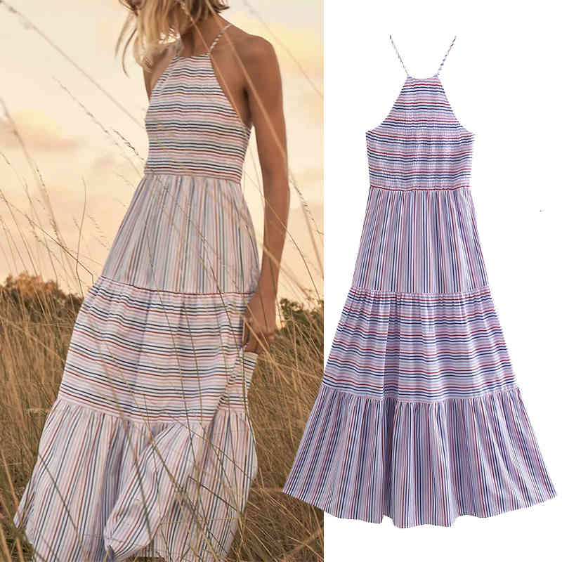 

Casual Dresses 2021 Spring Summer Women stripe print Sling Midi Luxury Party Elegant Female Underwear style 3SVZ, Beige