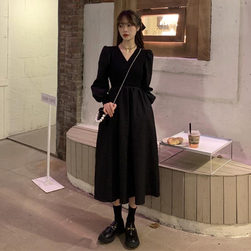 

Casual Dresses One Piece Dress 2021 Autumn Fashion Chic Design Sense Stitching Medium Length Waist Closing Thin Long Sleeve Women, Black;gray