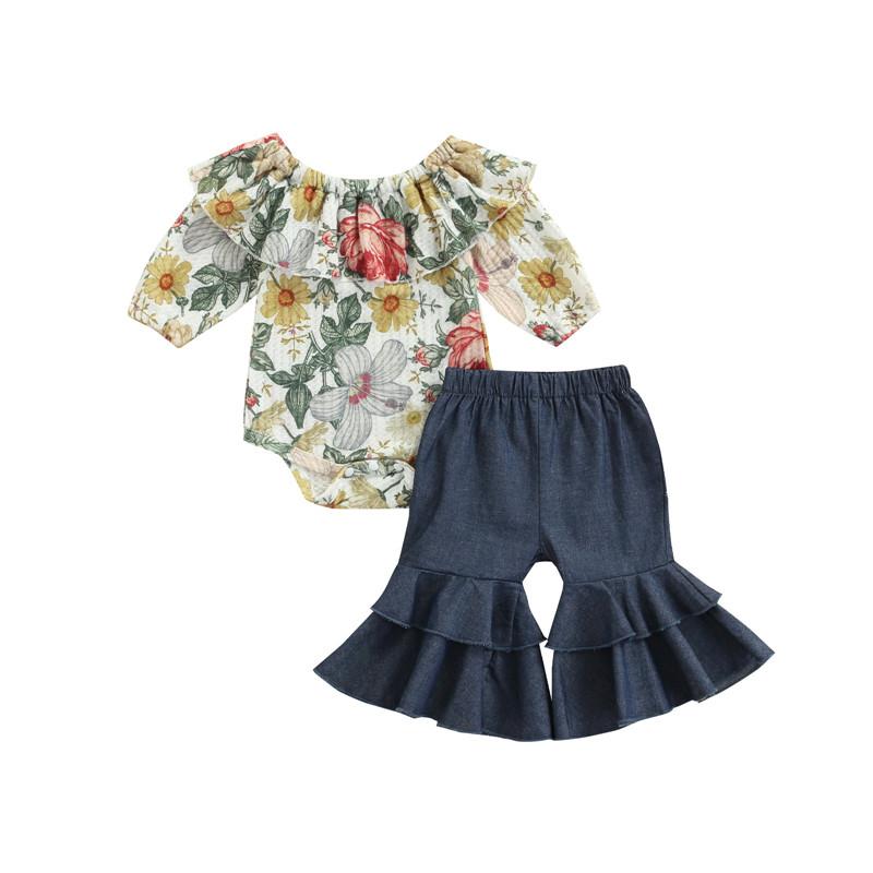 

Clothing Sets 0-18m Infant Baby Girl 2pcs Clothes Set Floral Print Ruffle Collar Romper And Flare Pants Spring Fall Outfits For Girls, White