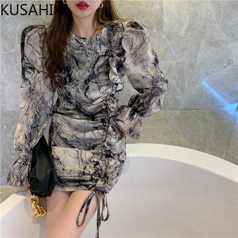 

Elegant Tie Dye O-neck Women Dress Korean Drawstring Ruffle Dresses Spring Fashion Slim Sexy Mini Vestidos 6E543 210603, Gray