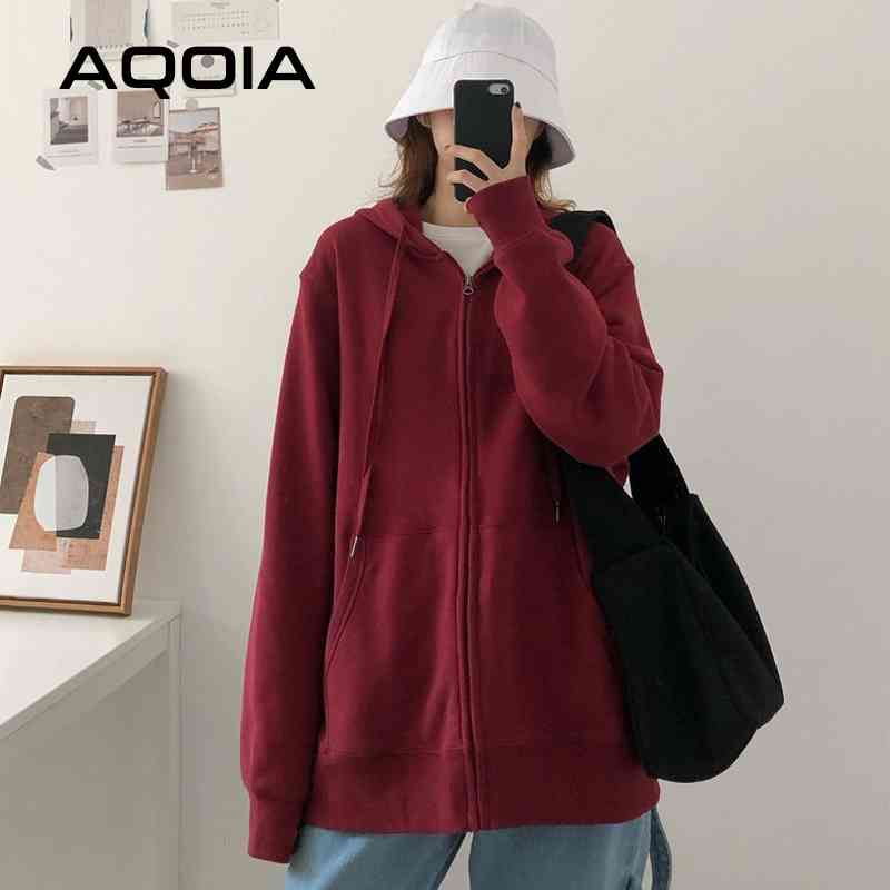 

Casual Zip-Up Loose Womens Hoodies Sweatshirt Solid Color Women Oversize Thin Autumn INS Fashion Female 210521, Red