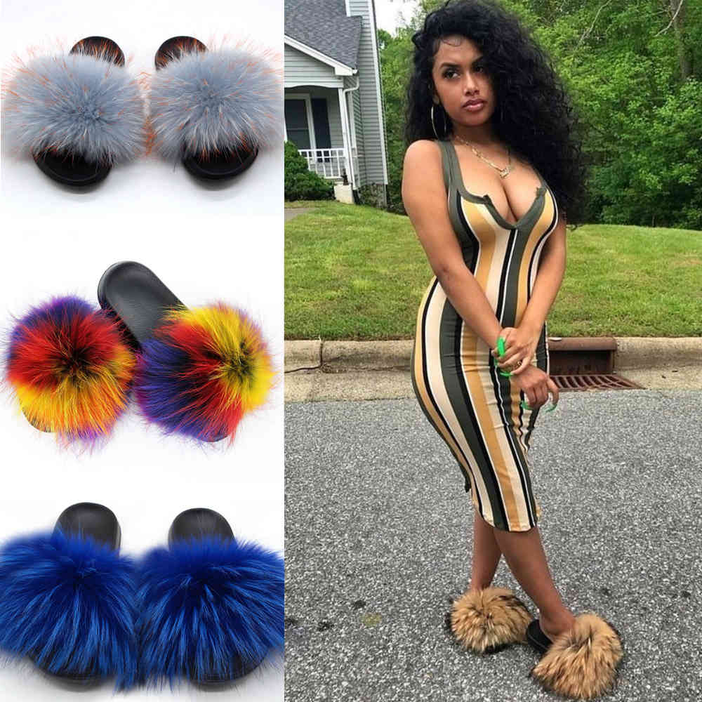 

Women Furry Slippers Natural Fox Fur Sandals Fashion Real Raccoon Fur Slides Indoor Plush Flip Flops Ladies Fluffy Warm Shoes X0523, As shown n