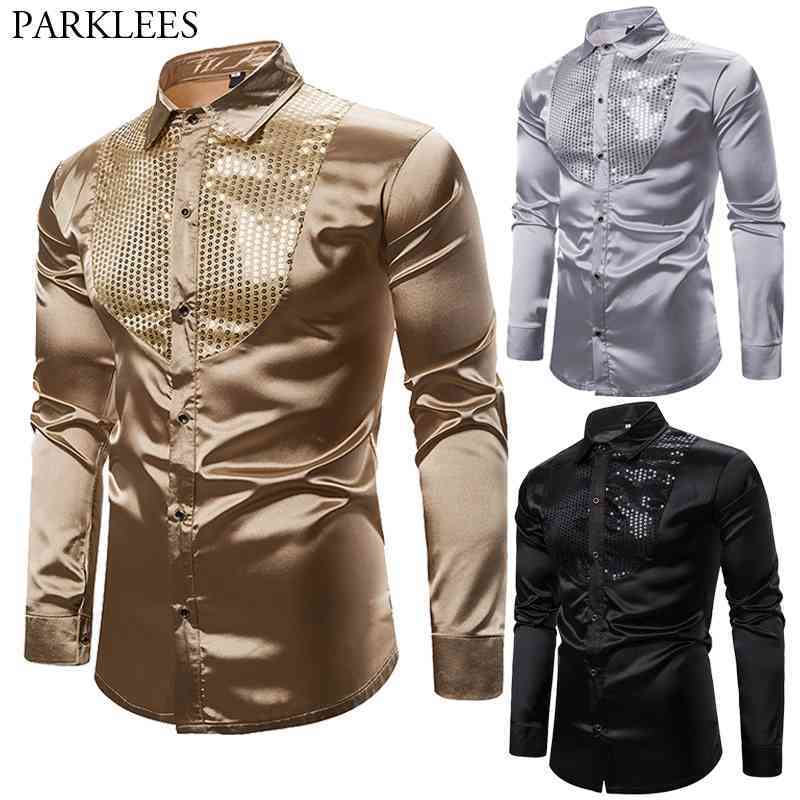 

Mens Silk Dress Shirt Smooth Satin Men Long Sleeve Wedding Party Disco Men Tuxedo Shirts Shiny Sequin Button Men Chemise Homme 210524, Black