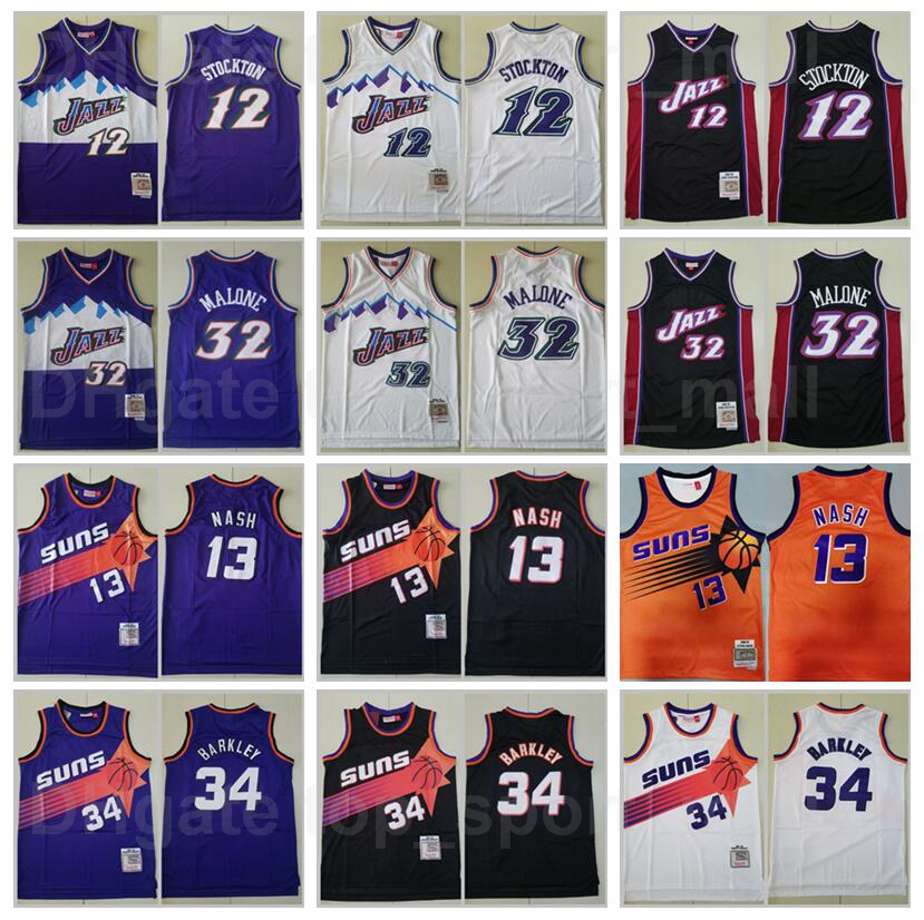 

Mitchell and Ness Vintage Basketball John Stockton Jersey 12 Karl Malone 32 Steve Nash 13 Charles Barkley 34 Retro Purple Black White Orange Stitched Big Team Logo, 12 purple