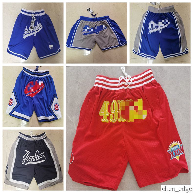 

San Francisco\r49er\rCubs\rDodger\rYankee\rShorts Mens JUST DON Hip-hop All Sweatpants Zipper Pockets Stitched Short S- Blue Black Red