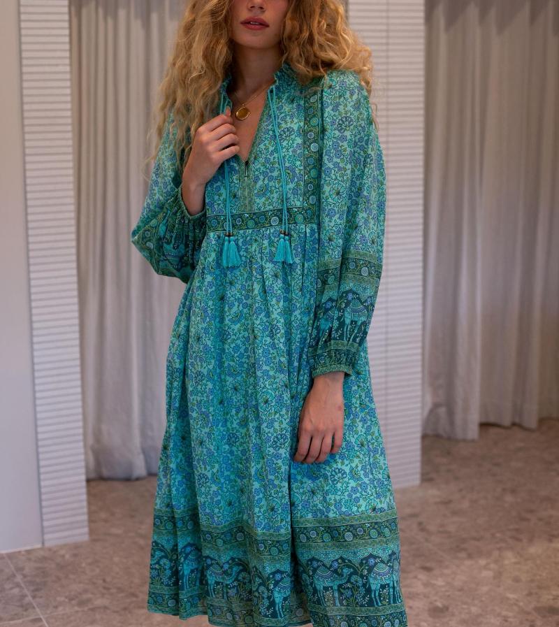 

Casual Dresses Happie Queens Women Green Floral Print Beach Long Bohemian Ladies Summer Rayon Midi Dress Vestidos