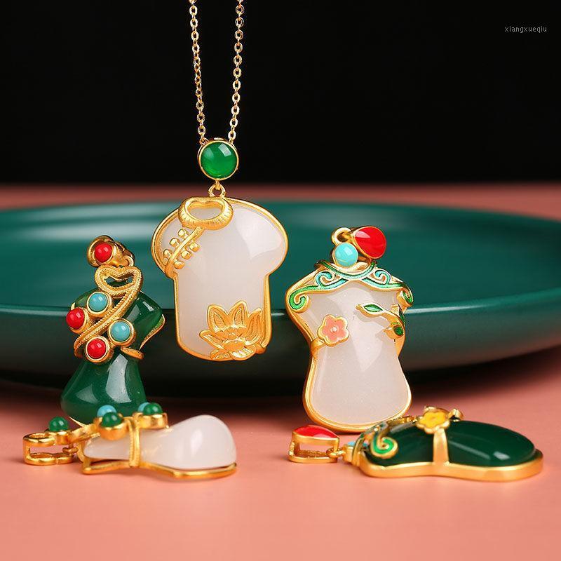

Silver Inlaid Natural Hetian White Jade Cheongsam Pendant Necklace With Chinese Unique Ancient Gold Craft Women's Brand Jewelry Chains