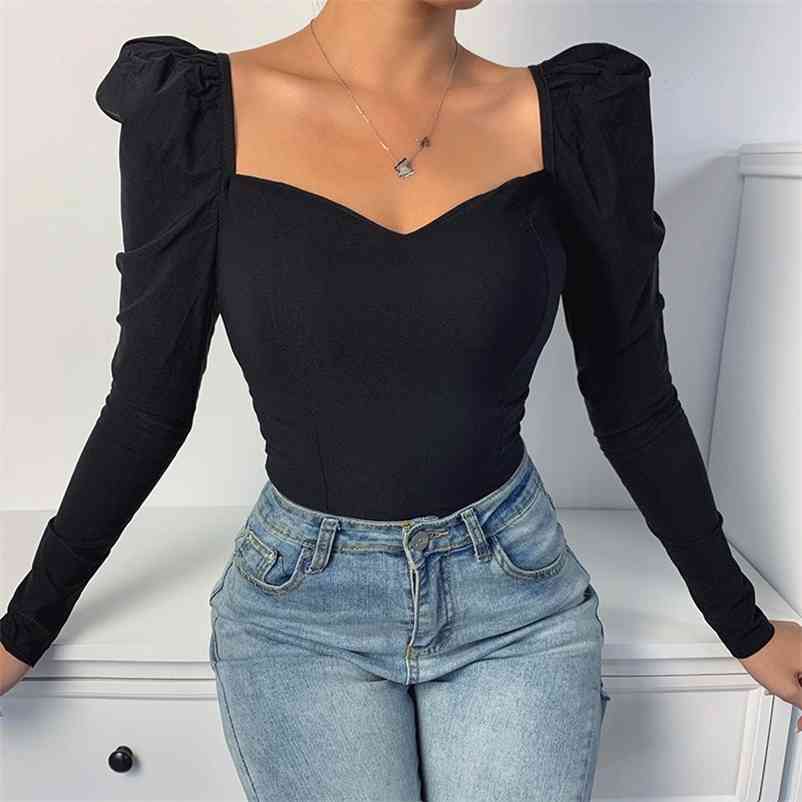 

Elegant Square Collar Women Autumn Shirts Vintage Solid Color Puff Sleeve Slim Blouses Tops Sexy Casual V-neck Long Shirt 210517, White
