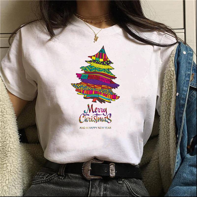 

merry christmas tree fashion womens harajuku holiday winter casual graphic clothing tees, White