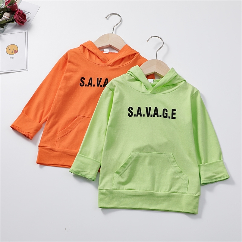 

Arrivals Winter Children Casual Cotton Long Sleeve Hooded Letter Green Orange Baby Girls Or Boys Sweater 2-7T 210629
