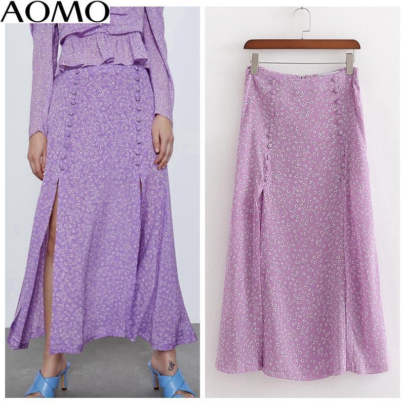 

Skirts AOMO Fashion Women Purple Floral Print Button Long Skirt Back Zipper Vintage Female Casual Maxi 1D185A