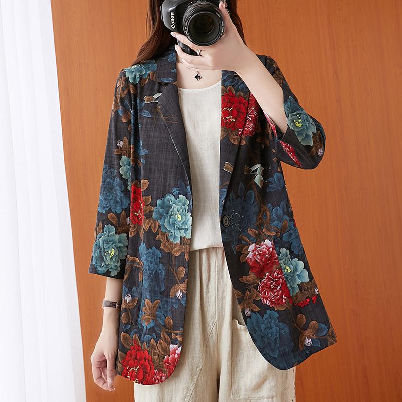 

Fashion Print Blazers Coats Women 2021 Slim Suit Vintage Cotton And Linen Jackets Womens Clothing Casual Women's Suits &, Photo color