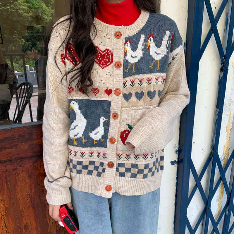 

Women's SweatersVintage Casual Loose Love Cardigan Sweater Japanese Kawaii Ulzzang Female Korean Harajuku Clothing For Women 210524, Beige