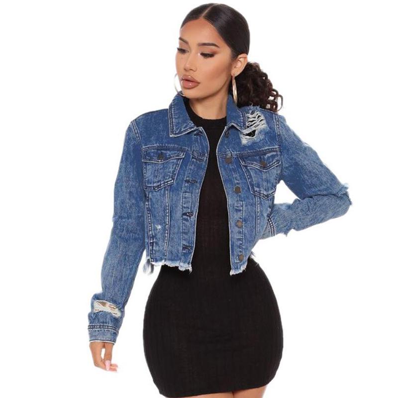 

Women' Jackets Blue Jean Jacket Women Sexy Ripped Hole Tassel Cropped Lady Vintage Single Breasted Long Sleeve Denim Coat