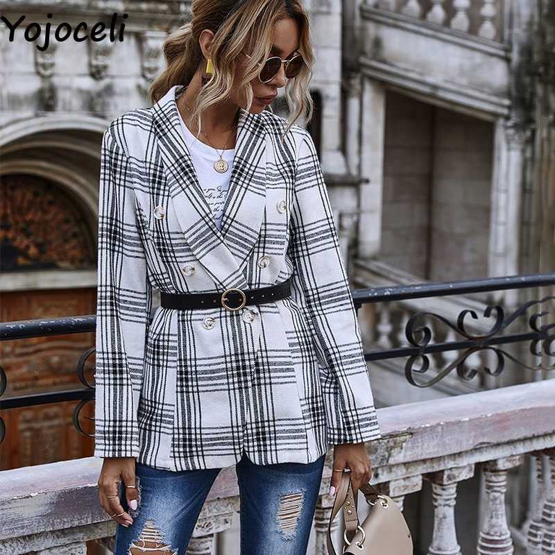 

Yojoceli Elegant plaid turn down collar winter coat autumn thick casual cool blazer female 210609, White