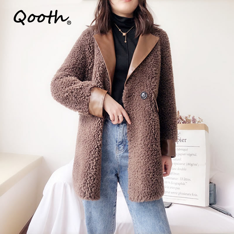 

Qooth Lambswool Jacket Womens Winter Loose Turn Down Collar Jackets Faux Fur Elegant Basic Coat Ladies Outerwear QT381 210518, Coffee