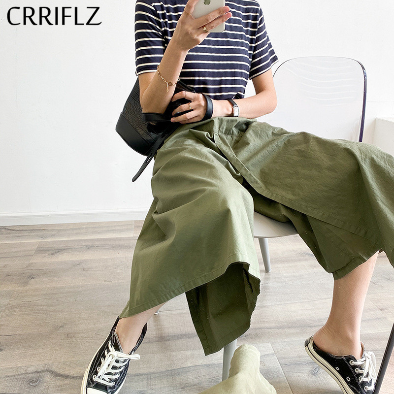

Fashion Split Tooling Skirt Women Solid High Waist Streetwear Midi CRRIFLZ 210520, Army green