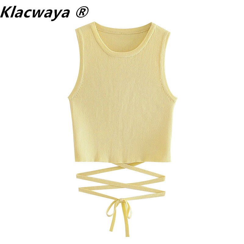 

Women High Street Chic Solid Color Short Knitting Camis Tank Lady Summer Hem Bandage Sleeveless Vest Crop Tops 210521, Yellow