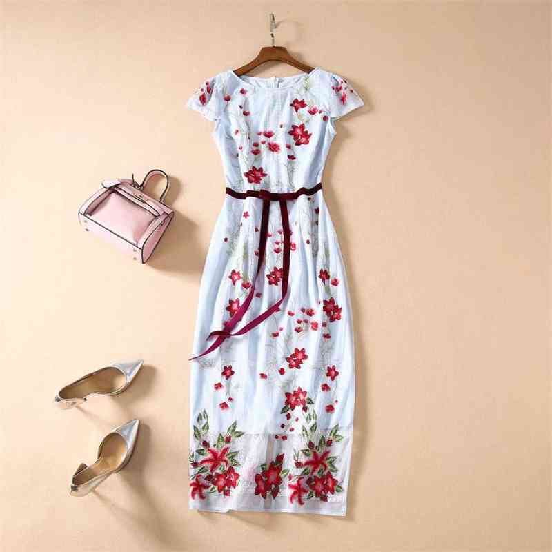 

High Quality Runway Dress Women Summer Mesh Embroidery Flowers Pencil Dresses Fashion Velvet Bowtie Party 210525, Sky blue