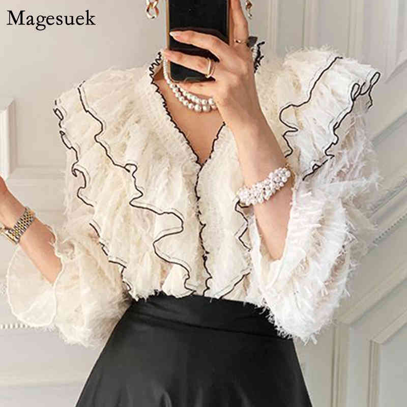 

Spring Korean Chic Elegant Blouse Women Tassel Ruffles Tops Fashion V Neck Lady Long Sleeve White Women's Shirts Blusas 12902 210518, Black