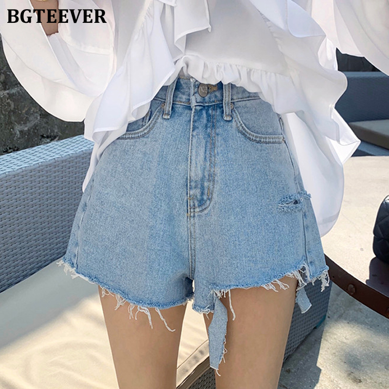 

BGTEEVER Summer Fashion High Waist A-line Women Denim Shorts Ladies Chic Ripped Holes Tassels Jeans Shorts Female Streetwear, Black