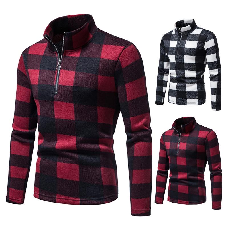 

Men's Sweaters TELOTUNY 2021 Autumn And Winter Zipper Pullover Stand-up Collar Casual Warm Plaid Printing Long-sleeved Sweater, White;black