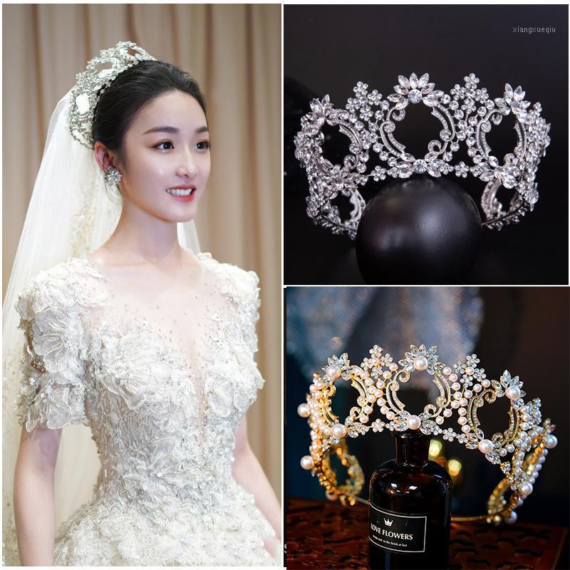 

Luxury Vintage Gold Color Crystal Beads Pearl Wedding Crown Rhinestone Bride Tiara Baroque Queen Princess Headband Hair Clips & Barrettes, Golden;silver